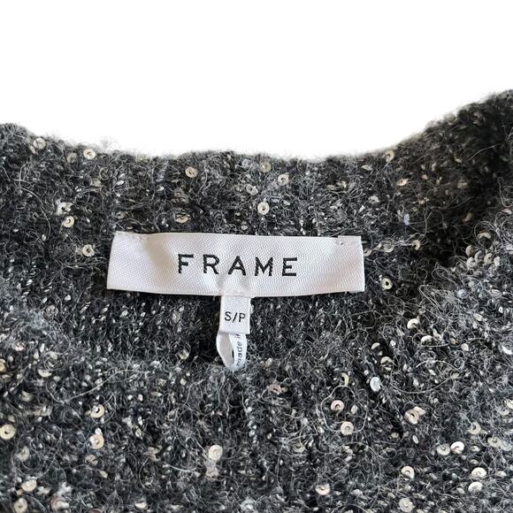 Frame Sequin Puff Sleeve Wool Crewneck Sweater in Smoke Gray Heather Size Small - Picture 3 of 7